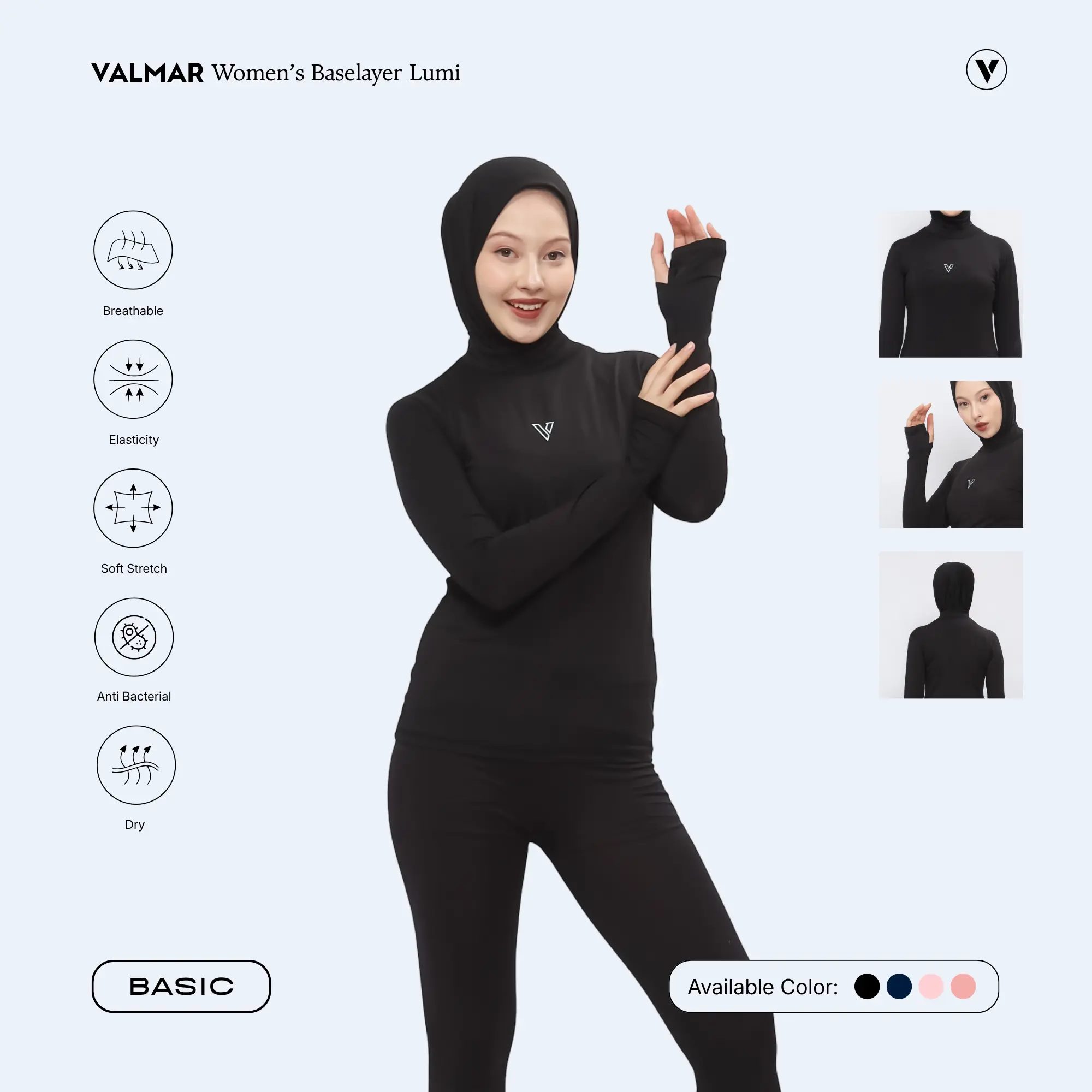 VALMAR SPORTWEAR Lumi Manset Olahraga Wanita Lubang Jari Baselayer Thumbhole Kerah Tinggi Inner Hijab Spandex Adem Gym Running