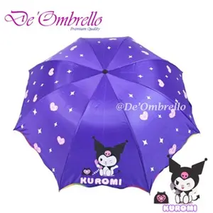 (561) De'Ombrello Payung Lipat 4 Fancy Anti UV Motif Kuromi Lapis Silver Rangka Hitam Anti Karat Bahan Pongee