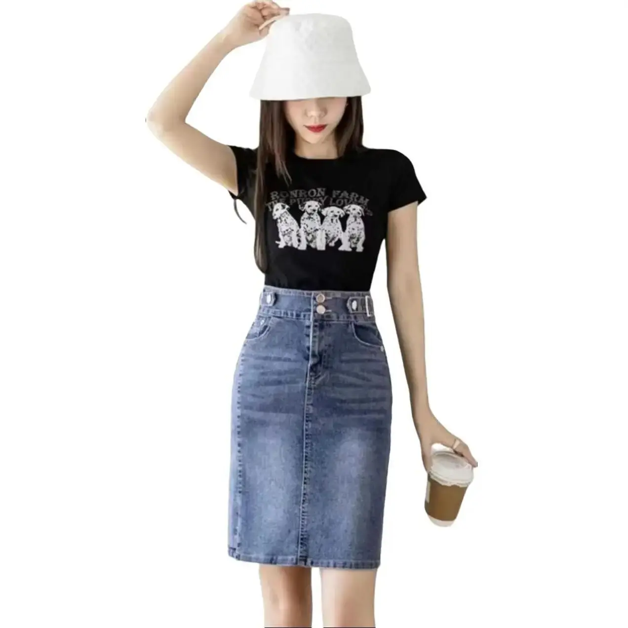 Rok Jeans Span Stretch Wanita Pingang Karet Midi Bawahan