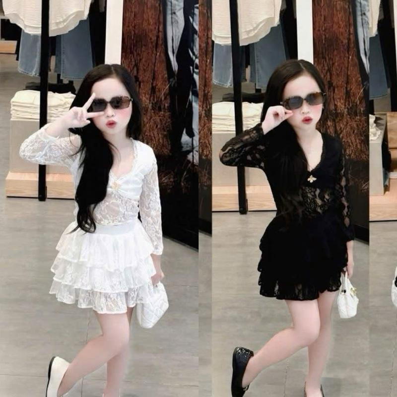 Set bộ áo ren hoa xinh kèm áo hai dây kèm chân váy tầng xoè xinh đẹp dành cho bé gái 8-30kg