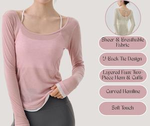 Loose Fit Yoga Cover-Up – Contrast Hem, Sheer Breathable, Open Back Long Sleeve Top[YA90]