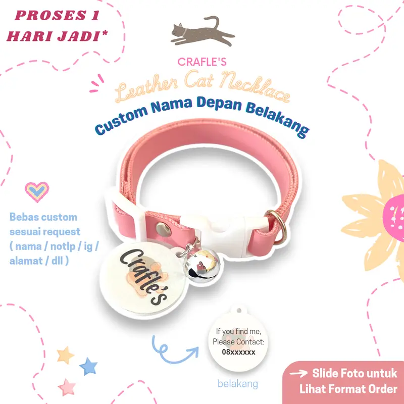 [CUSTOM NAMA DEPAN BELAKANG + FREE LONCENG] CRAFLE'S LEATHER CAT NECKLACE PASTEL EDITION / KALUNG KUCING KULIT SINTETIS PASTEL LONCENG CUSTOM NAMA NO TELEPON ALAMAT 0