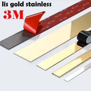 3M/5M/12M List Plat Strip Mirror Gold  Stiker Dinding Garis Datar Bahan Stainless Steel Warna Emas/Wall Sticker Stainless Steel Flat Decorative Lines Titanium Wall Ceiling Edge Strip Mirror Living Room Decoration stiker  pintu