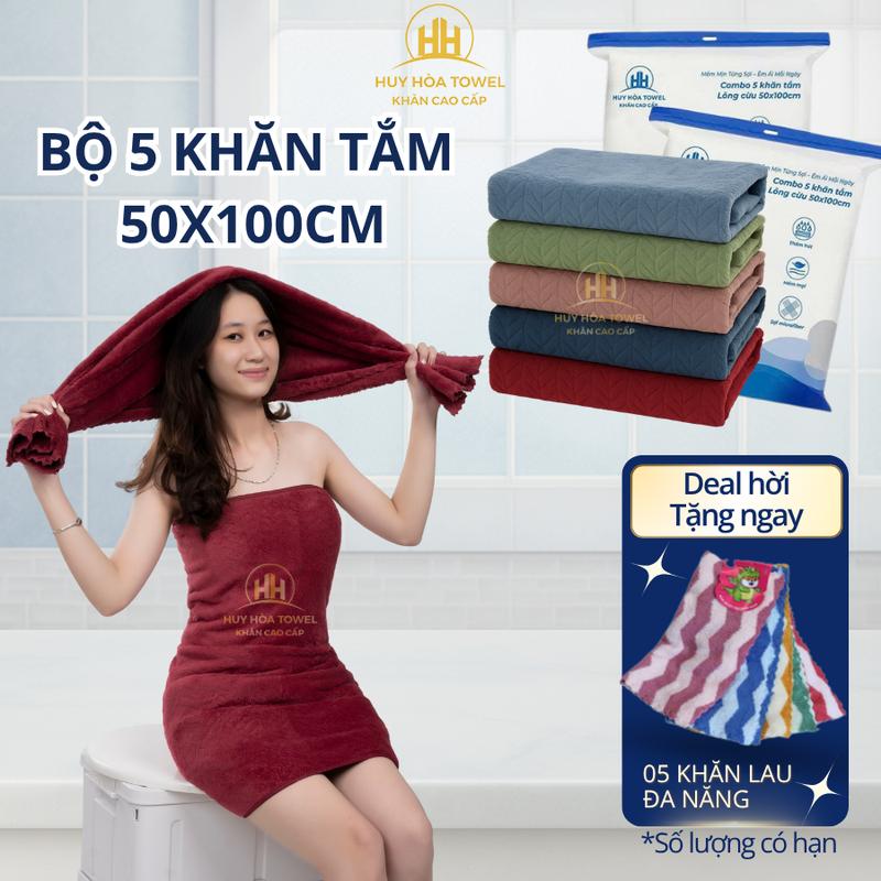 Hồ Bích Trâm | Combo 5 Khăn Tắm 50x100cm Tặng 5 Khăn Đa Năng Huy Hoà Towel. Sợi Lông Cừu Microfiber Mềm Mịn, Thấm Hút Nước, Không Ra Màu, Không Sổ Lông Nhà Tắm, Phòng Tắm
