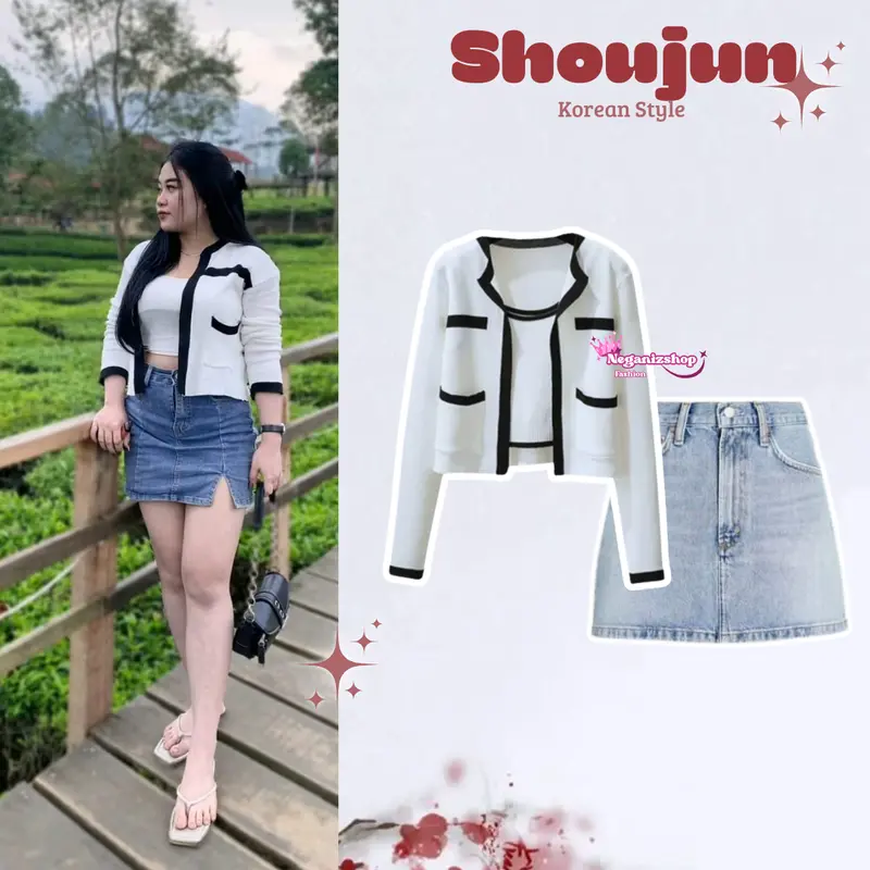 Setelan Shoujun Outfit { Cardigan Tanktop Putih + Rok Jeans Pendek } One Set Korean Style 0