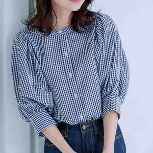 Blouse/Atasan/Kemeja Wanita Puffy Motif Kotak Kancing Katun Lembut Baju Kerja Formal Casual Nyaman