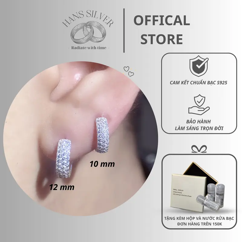 khuyên tai hoa tai nam nữ vòng bấm ba hàng đá mặt trước đính đá lấp lánh chất liệu bạc S925 Hans Silver KTHA120121