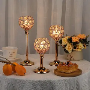 OPTIVIA Candelabra Ornamen Dekorasi (paket individu) 3 Height Golden Crystal Emas Candle Holder Dekorasi Rumah Cahaya Lilin Makan Alat Peraga Dekorasi Makan Malam Ornamen Lilin Bola Kristal Emas Dan Perak