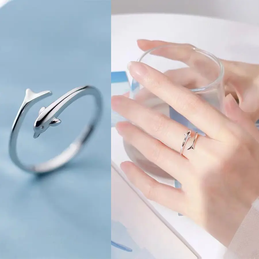 Korean version of Ocean Little Fish Smooth Ring Little Dolphin Girl Open Hand Jewelry