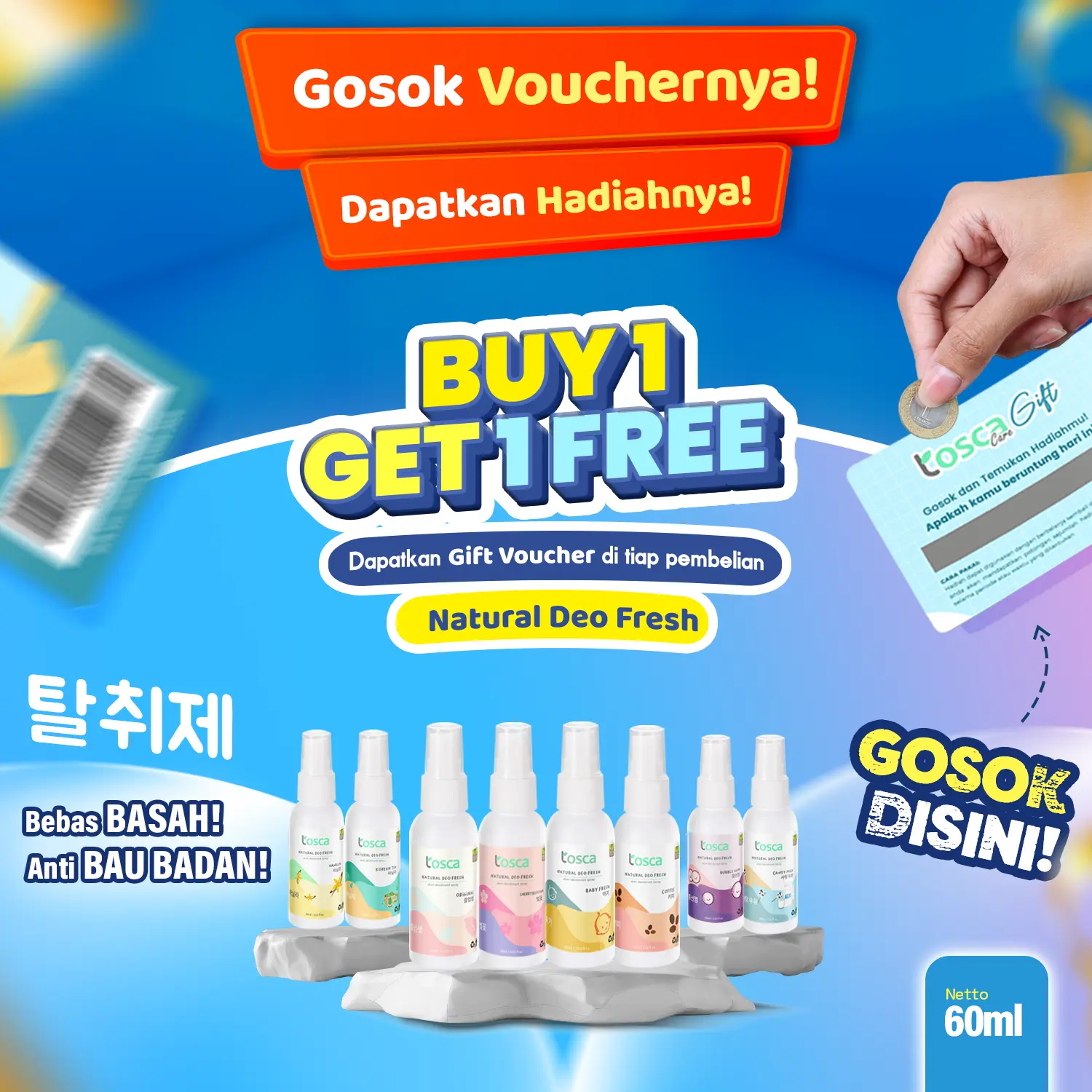 BUY 1 GET 1 FREE - TOSCA Deodorant Natural 60ml Tawas Cair Mencegah Bau Ketiak Non Alkohol