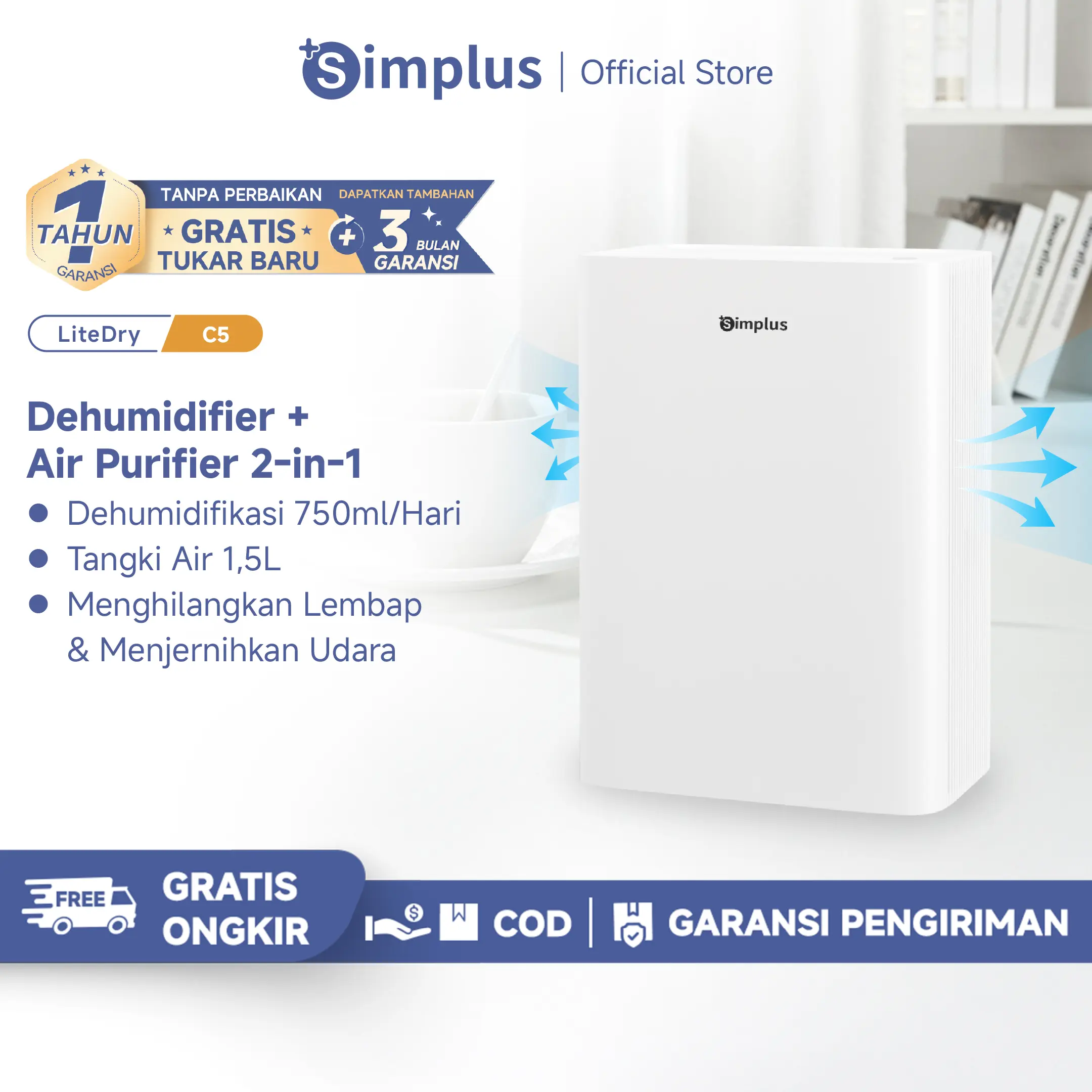 【SUPER DEALS】Simplus Air Purfier + Dehumidifier 2-in-1 Penyerap kelembapan 1.5L Kecil Efisien Mengeringkan Senyap Tahan Kelembapan Hemat Energi Untuk Rumah dan Kantor CUSH005