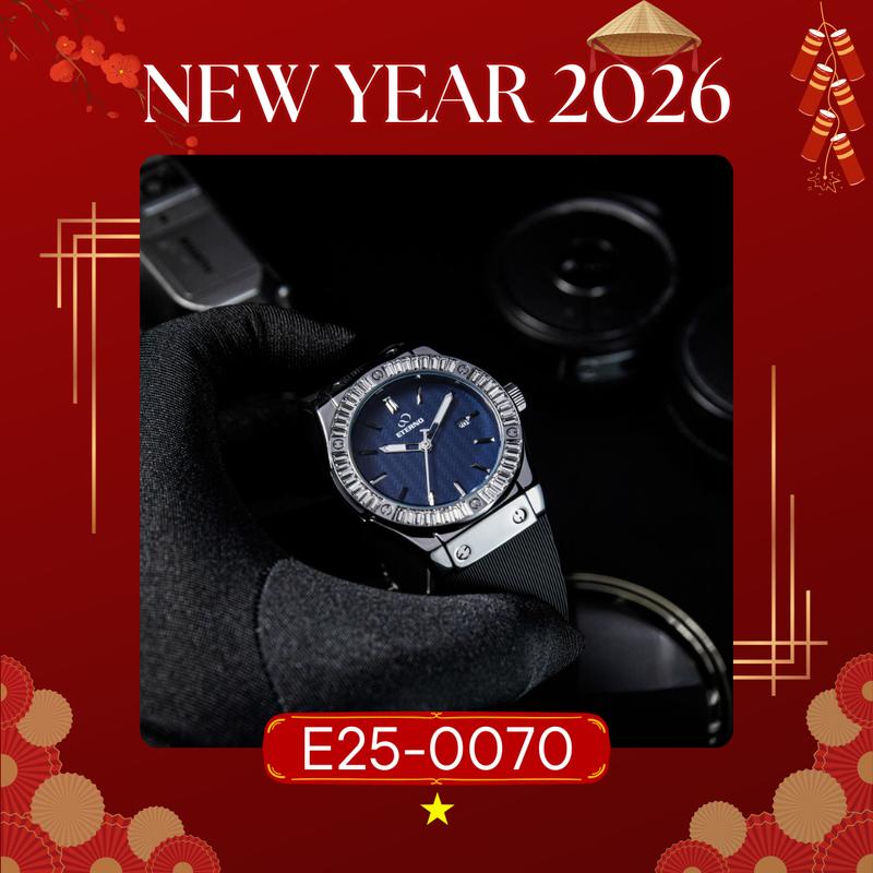 Đồng Hồ Nam ETERNO E25-0070 Dây Cao Su Đen Viền Đính Đá Cao Cấp Pin Fullbox