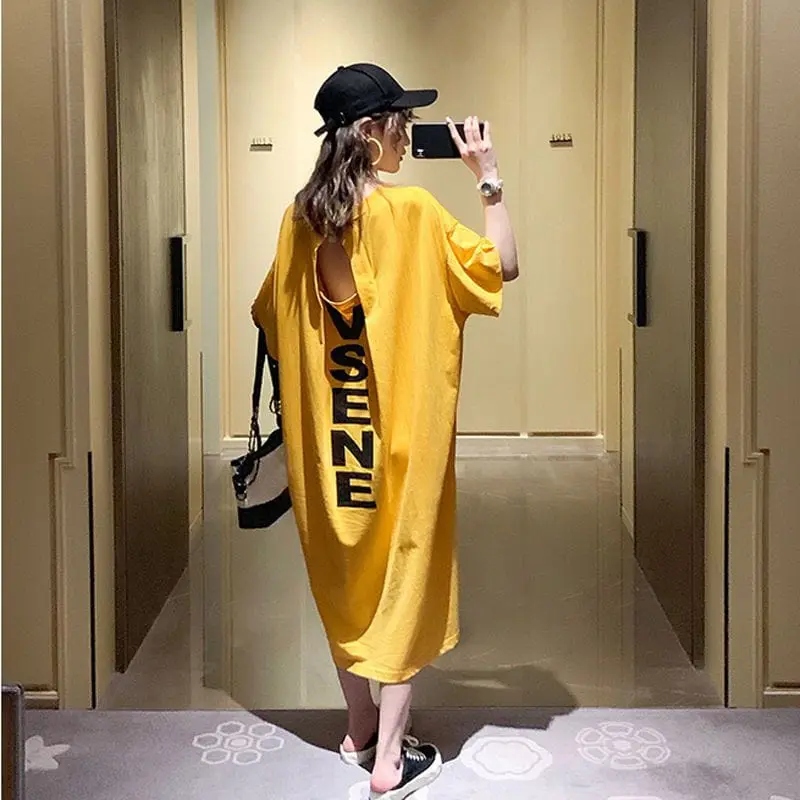 Midi Dress Longgar Torn Back Triangle 7 Vsene Oversize - Yellow 5