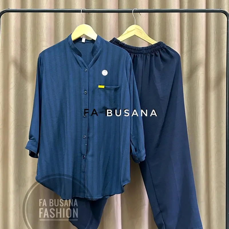 Setelan wanita jumbo bahan crinkle airflow Lembut baju Atasan Kancing depan Celana panjang Karet 3