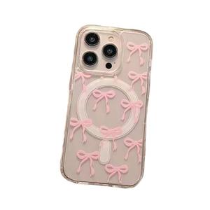 Pink and  blue bow for iPhone15 phone case 14 soft glue 14/15PROMax High appearance level Advanced cute cartoon xsmax High appearance level 16promax