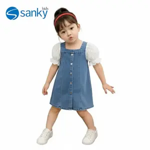 Sanky Kids Dress Anak Perempuan Jeans Biru dengan Lengan Putih dan Kancing Depan Fashion