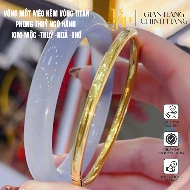 Vòng tay đá mắt mèo tặng kèm vòng trơn mạ vang 24ka.Vòng tay đá phong thủy BNP256688