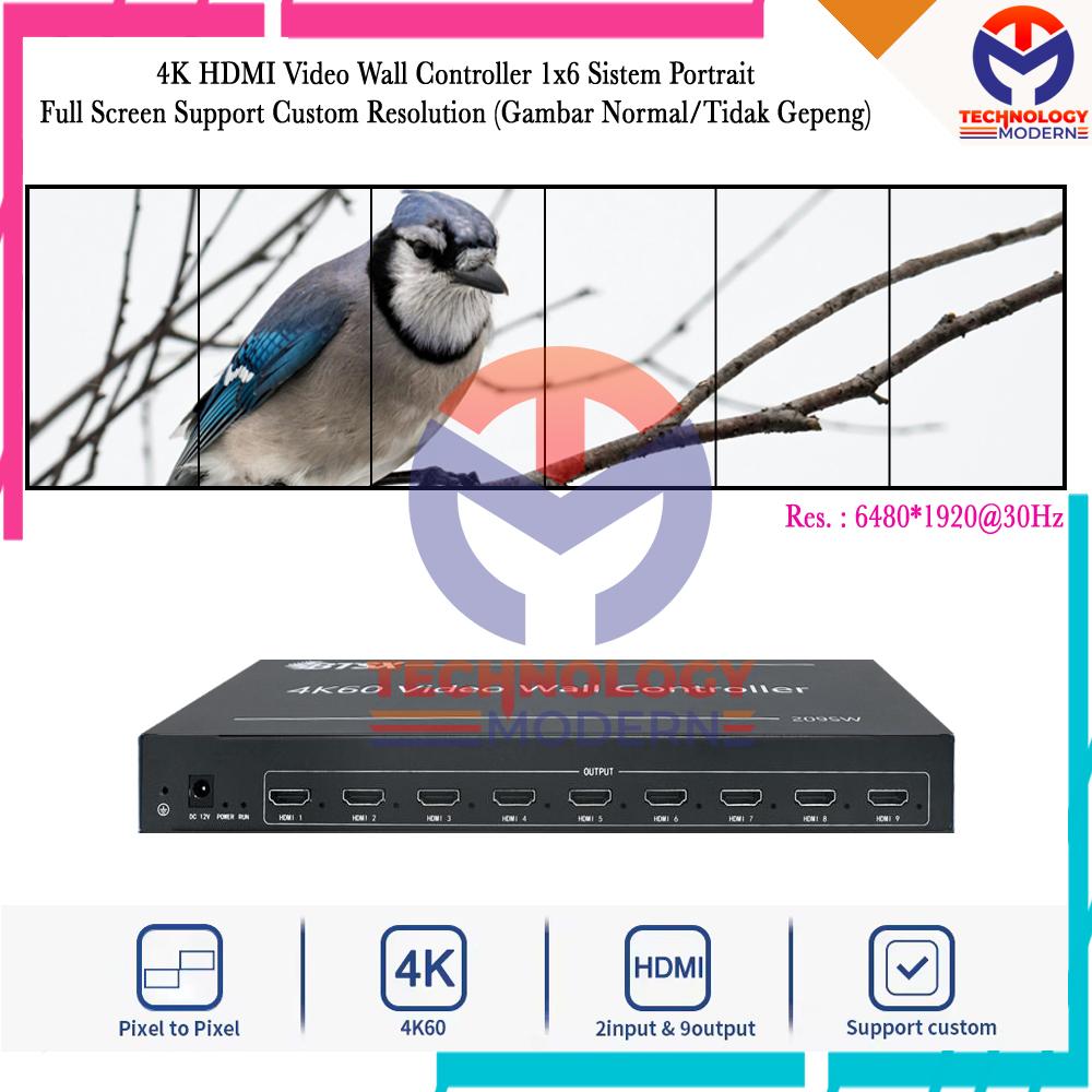4K HDMI Video Wall Controller 1x6 Portrait/Vertical Layout Full Screen Support Custom Resolution (Gambar Normal/Tidak Gepeng)