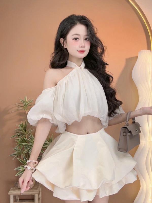 Set Áo Tay Bồng Cổ Yếm Vải Voan Đi Biển Kèm Chân Váy S80 cho Phong Cách Sang Trọng Size S/M Chất Liệu Mềm Mại Thoáng Mát