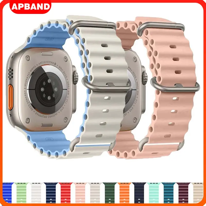 Tali Jam Tangan Silicone Ocean Strap for Apple Watch Ultra 2 49mm Series 10 9 8 7 SE 6 5 4 3 2 1 Bracelet for iWatch 46mm 42mm 44mm 40mm 45mm 41mm  Bands Ocean Band T500 T500+ T500+pro DT No 1 HW22 W26 IWO Smartwatch Accessories Rubber(No Watch) 0