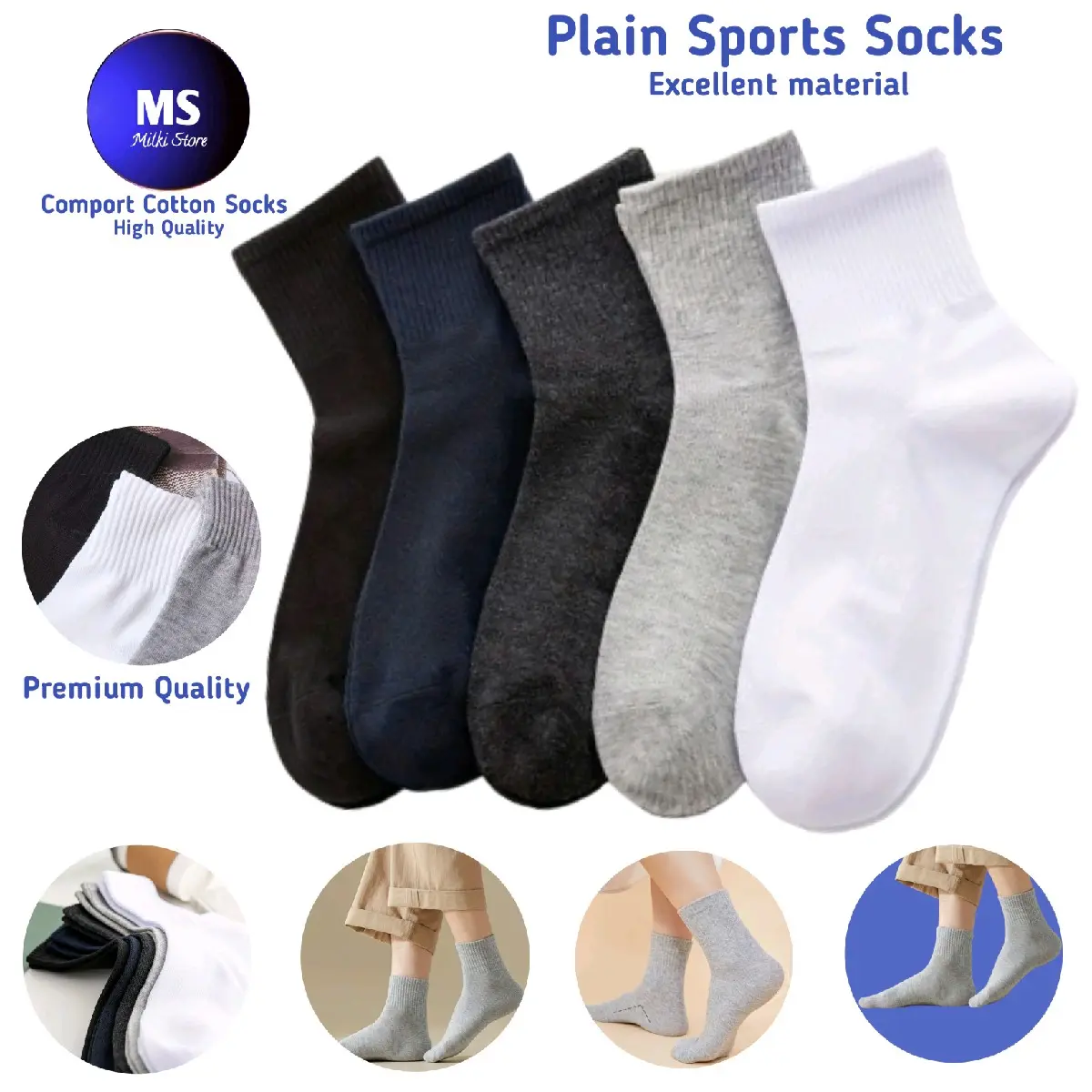 ( Sports Polos 3/4 ) 5 Pasang Kaos Kaki Polos Pria Dan Wanita Remaja Dewasa Bahan PE Tebal Abu  Katun  Lembut Nyaman Hitam Navy Putih Panjang 3/4