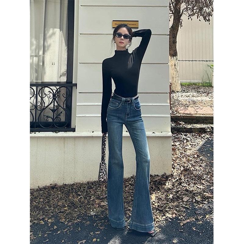   Mét 65- Mét7  Quần Jeans Ống Loe Túi Hộp Sau Vải QC Lai To Chất Jeans Co Giãn Cạp Trễ Ngang Rốn 