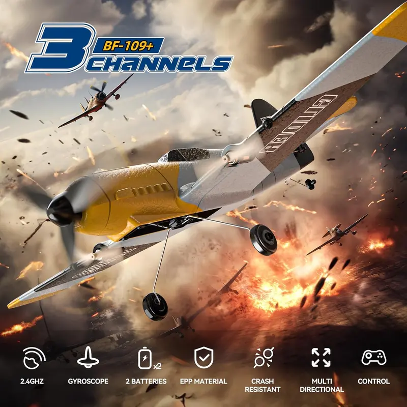 DEERC RC Plane 3 Channel BF-109 Remote Control Airplane Fighter, 2.4GHz 6-axis Gyro Stabilizer RTF Glider Aircraft with 2 Batteries, Easy to Fly for Beginners. 3