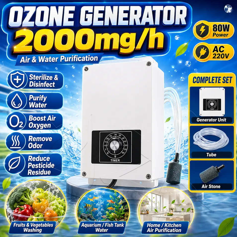 Ozone Generator 2000mg/hr Water Purifier Air Sterilizer Penghasil Ozon Pemurni Air Minum Sayuran & Daging  Penghilang Bau Udara Kolam Ikan Akuarium Alat Sterilisasi Ruangan Multi-fungsi Ozonizer Portable untuk Rumah Tangga & Kolam Renang