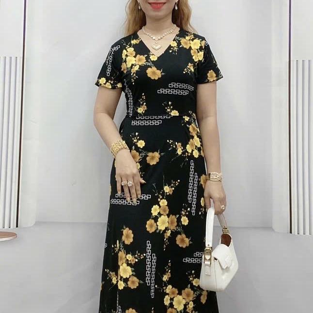  Đầm hoa tay ngắn cổ tròn Mã 45 vải Thun tơ Hàn Quốc co giãn 4 chiều không nhăn không nhàu không xù lông cho nữ - Women 