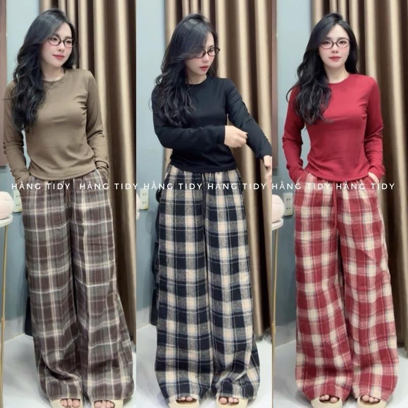 Q12 Set quần caro ống xuông + áo tay dài form 40-58kg vải dạ mềm . mang di chơi cà phê thoải mái