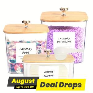 Laundry Room Storage Container, 1 Set Including 3 Counts Clear Laundry Pods Container & 2 Counts Spoons & Labels, Home Organizer for Bathroom, Canister, Kitchen Storage