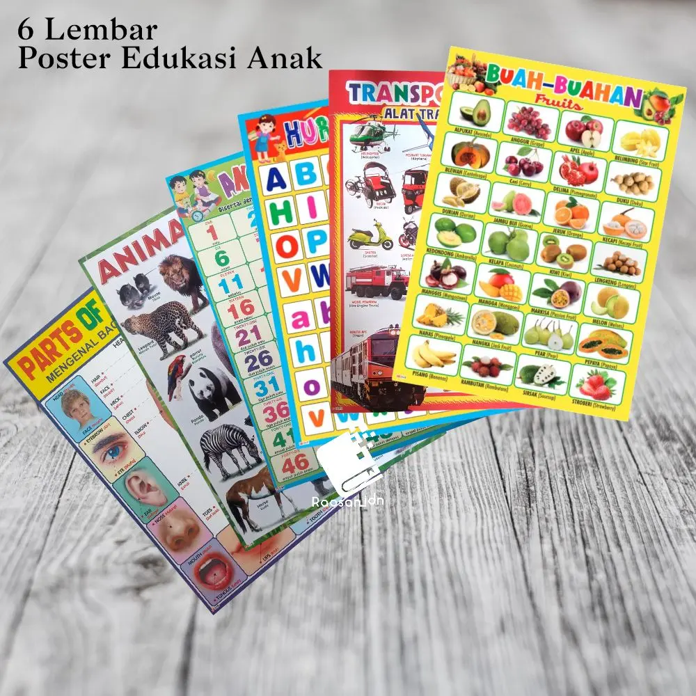 paket 6 poster edukasi anak (buah kuning, transportasi, huruf lepas, angka 1-50, animal BI, anggota tubuh) Stationery