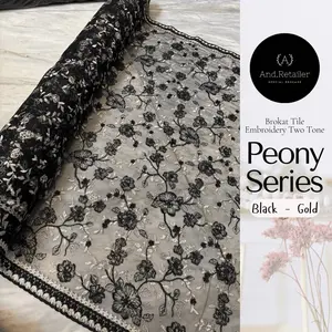 Bahan Kebaya Premium Tile Brokat Peony Series Bordir Tumpal Tepi 2 tone Warna Hitam DLL Harga Kelipatan Setengah Meter