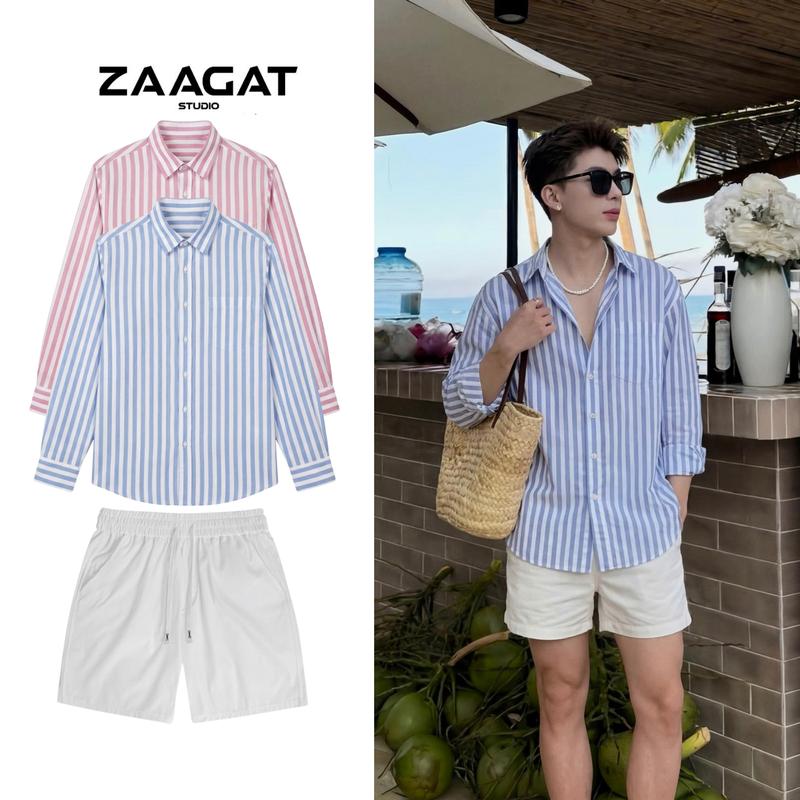 Áo sơ mi kẻ sọc vừa ZAAGAT chất liệu linen form rộng-SƠ MI KẺ VỪA
