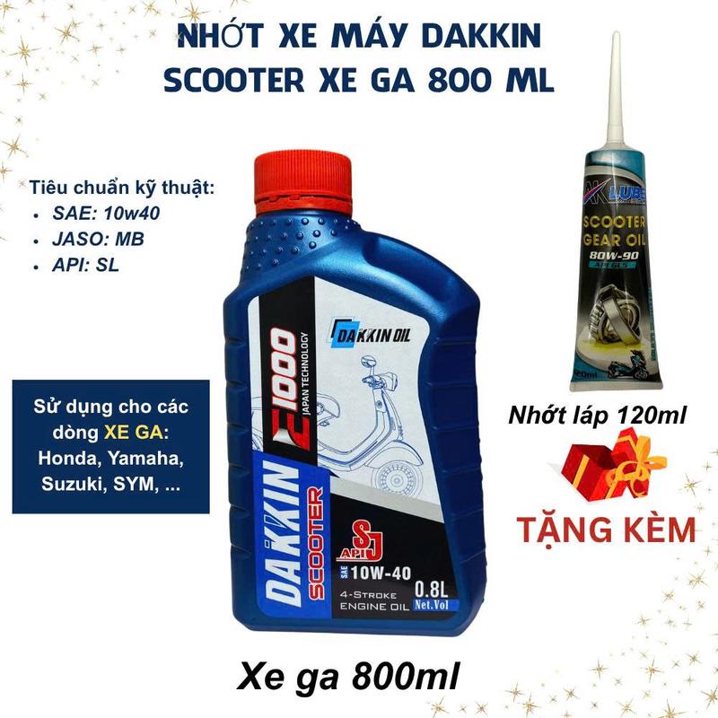 NHỚT XE GA DAKKIN E1000 10W40 [0.8L] + TẶNG 1 TUÝP NHỚT LÁP – CHỐNG MÀI MÒN, SIÊU BỀN MÁY – CHUẨN JASO MB