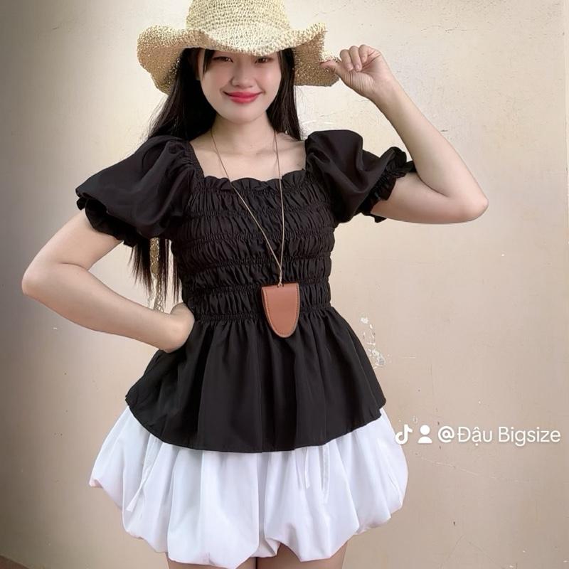 Sét áo váy bigsize nữ áo bèo nhún nữ áo kiểu hàn quốc thông thường Tối giản độc đáo có độ co giản kèm váy bí có lót trong đủ size 50-95kg Đậu bigsize