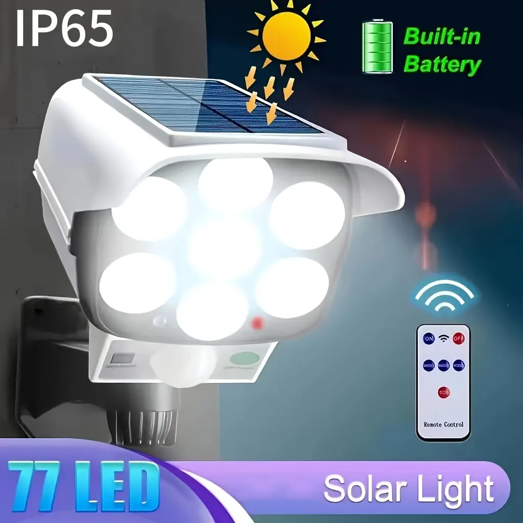 Lampu Suria, Pengecasan Matahari, 1, Kecerahan 2000 Lumens, 77 Lampu Sorot LED, dengan Alat Kawalan Jauh, Kamera Palsu, Sesuai untuk Halaman, Hotel, Anjung, Taman, Teras, Jalan Masuk,  mAh, Kalis Air, Pelarasan Tiga Mod,  Home Lighting Lights Outdoor