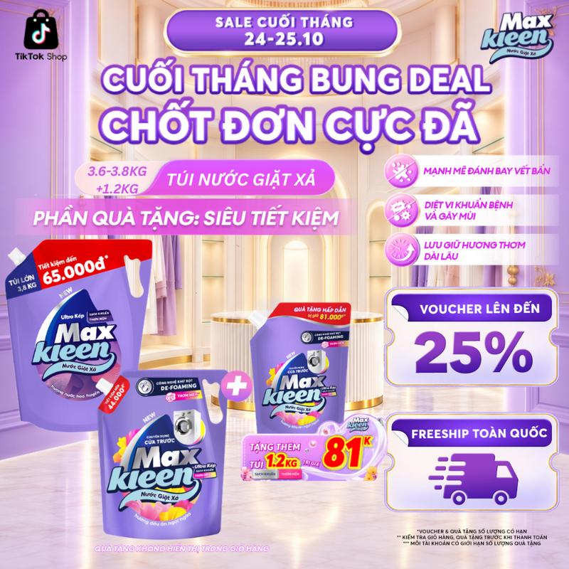 Nước Giặt Xả Làm Sạch Maxkleen Hương Huyền Diệu/ Hoa Nắng 3.6-3.8kg/Túi - Tặng Túi 1.2kg Mùi Ngẫu Nhiên
