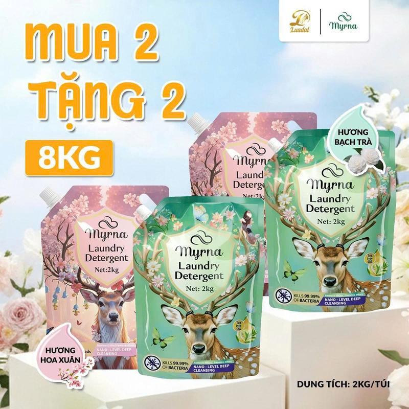   MUA 2 TẶNG 2  Nước Giặt Xanh Myrna Sinh Học APG Khử Mùi Hôi An Toàn Hương Thơm Bạch Trà và Hoa Xuân-8Kg 