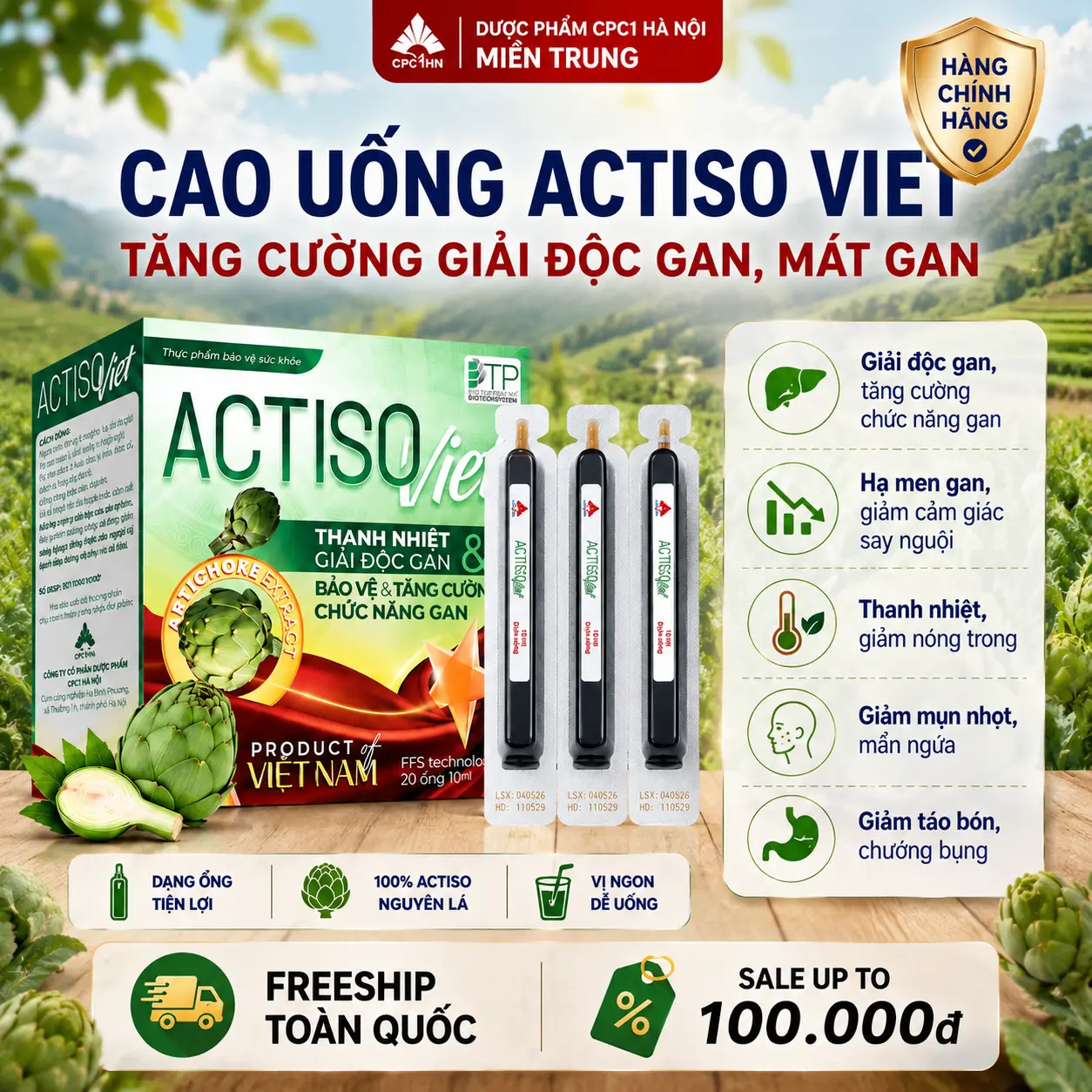 ACTISO Viet - Cao Uống Hỗ Trợ Mát Gan, Thanh Nhiệt, Giải Độc Gan, Hạ Men Gan - Hộp 20 Ống 10ml