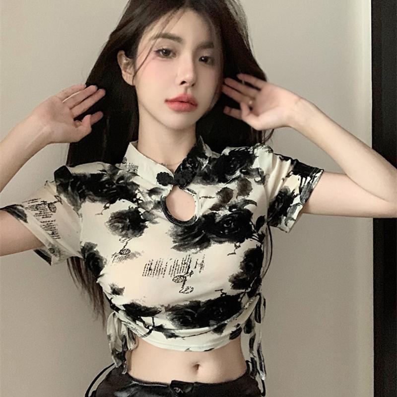 Product Introduction of Áo In Mực Retro Cho Nữ, Tay Áo Ngắn, Khóa Dây Rút, Ngực, Áo Khoét Lỗ 46