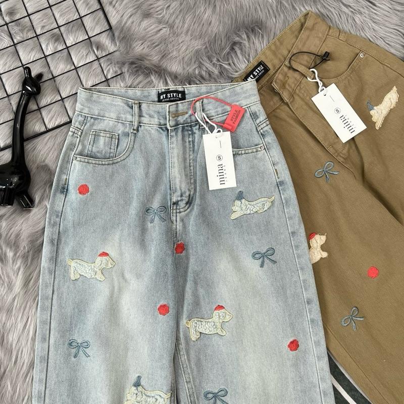   MINA JEANS  Quần Suông Nữ Phối Thêu Cún Chần Bông Full Quần Vải Mềm Mịn 