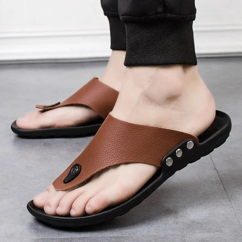 Selipar pantai untuk lelaki, selipar gaya Korea dalam warna pepejal, kasut musim panas yang selesa dengan tapak lembut, tidak licin, baharu Sandal Kasual