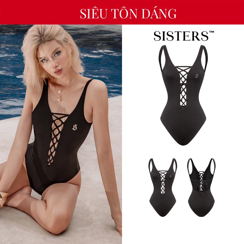  Bikini 1 mảnh hở lưng đan dây SISTERS khoét ngực sâu logo inox màu đen quyến rũ Cateline SIS-CLUB | SS-BK65 