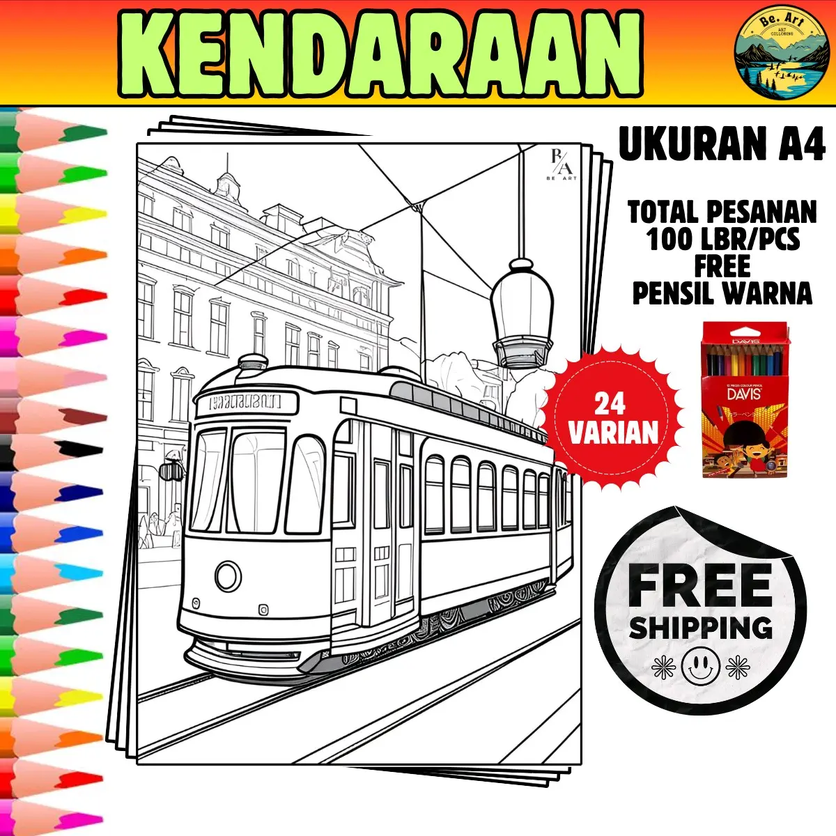kertas gambar mewarnai anak A4 (KENDARAAN) Belajar Perempuan Kotak Toys Mainan