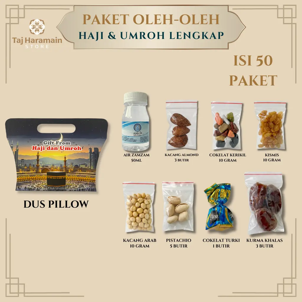 Isi 50pcs Paket Oleh-oleh Haji dan Umroh Ekonomis Lengkap Kemasan Dus Pillow isi Air Zamzam Taj Haramain