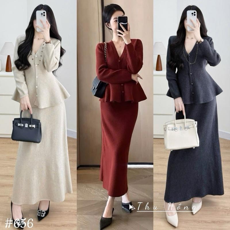  Fortune.st- Bộ sét len cổ V khuy cài dàng peplum chân váy dài xịn hàng QCCC .! 