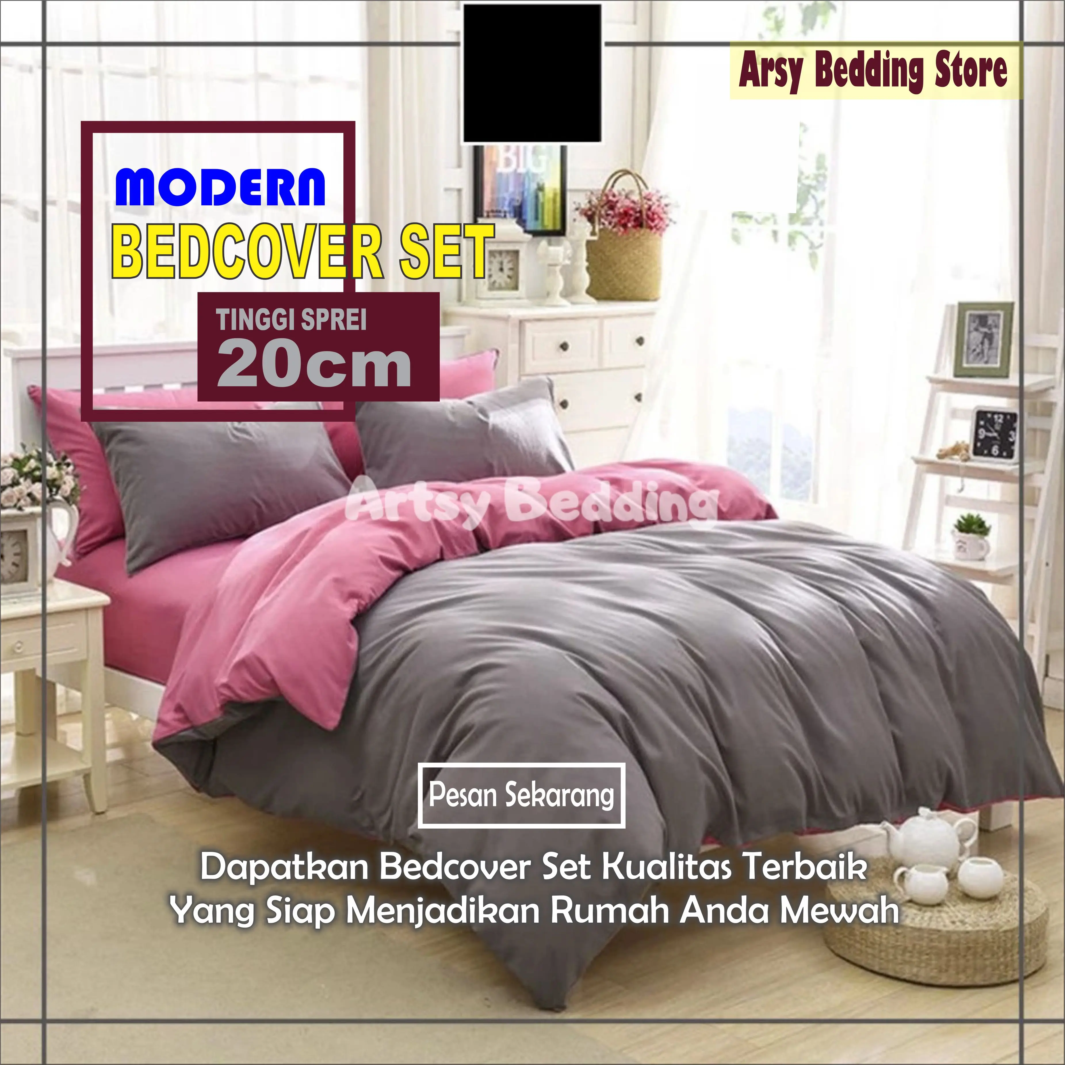 Bed Cover Set Sprei TwoTone Pink Abu - Ukuran Lengkap 90x200-180x200 Bedcover