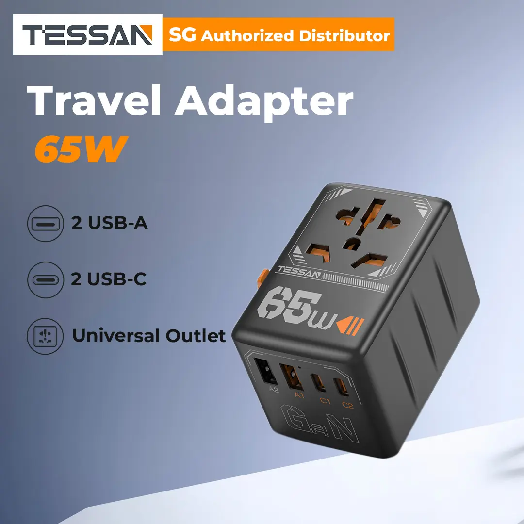 TESSAN  Universal 65W International Fast Charging Travel Adaptor with 2 USB C & 2 USB A Charging