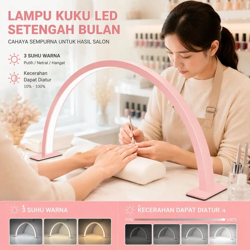Lampu Half Moon Led Lampu Meja Melengkung Untuk Nail Art Eyelash Extension 3 Pilihan Warna Ra 90 Anti Kedip Tanpa Bahaya Cahaya Biru Usb 5V Untuk Salon Kecantikan 390mm×215mm